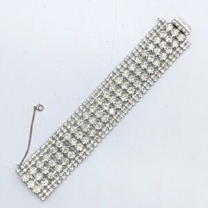 Vintage Rhinestone Cuff Cocktail Bracelet 5-Row Clear Crystal Bridal Statement
